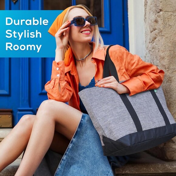 Large Tote Bag Women Men Canvas Polyester Zipper Organizer Work Travel - Picture 6 of 7